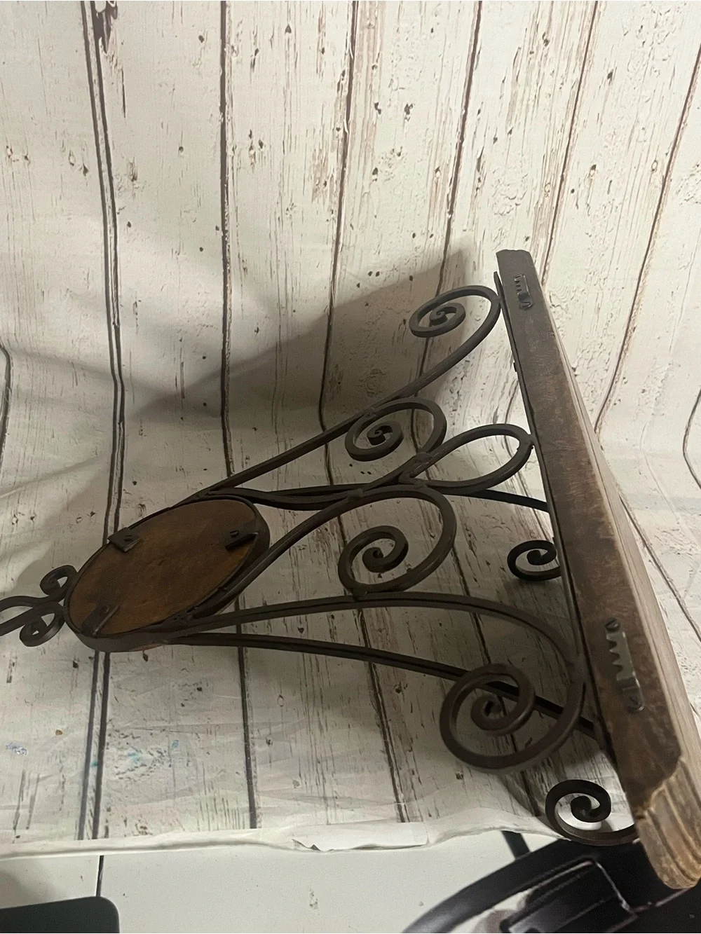 Vtg Half Moon Wood Wall Shelf Scrolled Wrought Iron Ornate Home Decor